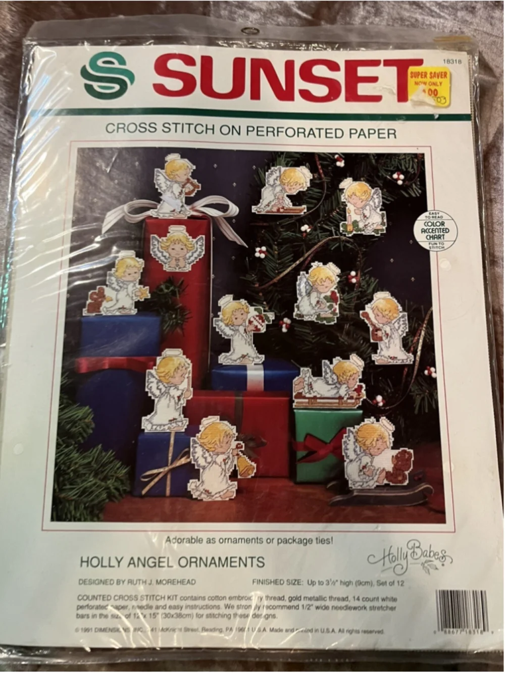 Sunset HOLLY ANGEL ORNAMENTS 1991 Perforated Paper Cross Stitch Kit Morehead